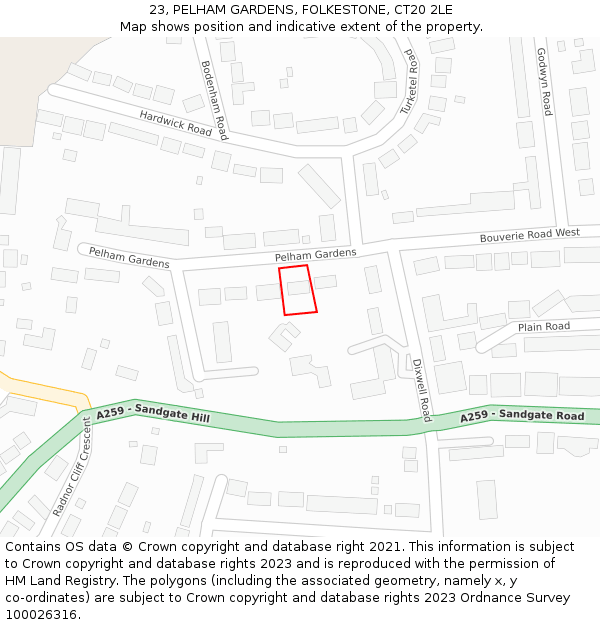 23, PELHAM GARDENS, FOLKESTONE, CT20 2LE: Location map and indicative extent of plot