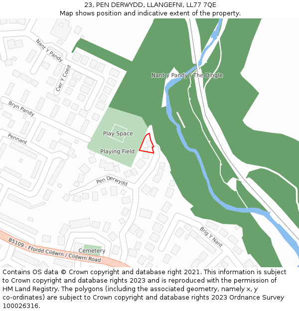 23, PEN DERWYDD, LLANGEFNI, LL77 7QE: Location map and indicative extent of plot