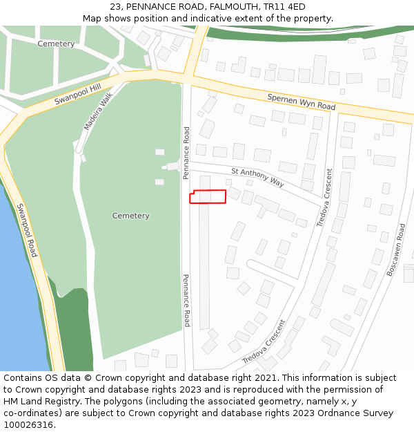 23, PENNANCE ROAD, FALMOUTH, TR11 4ED: Location map and indicative extent of plot