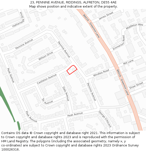 23, PENNINE AVENUE, RIDDINGS, ALFRETON, DE55 4AE: Location map and indicative extent of plot