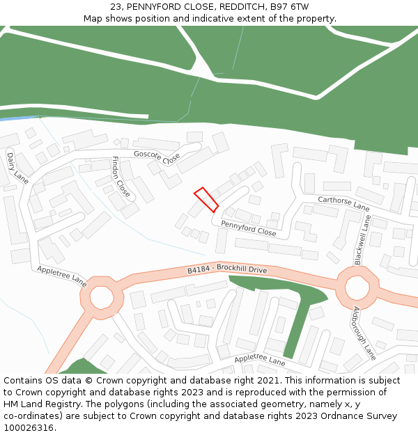 23, PENNYFORD CLOSE, REDDITCH, B97 6TW: Location map and indicative extent of plot