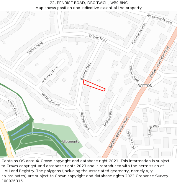 23, PENRICE ROAD, DROITWICH, WR9 8NS: Location map and indicative extent of plot