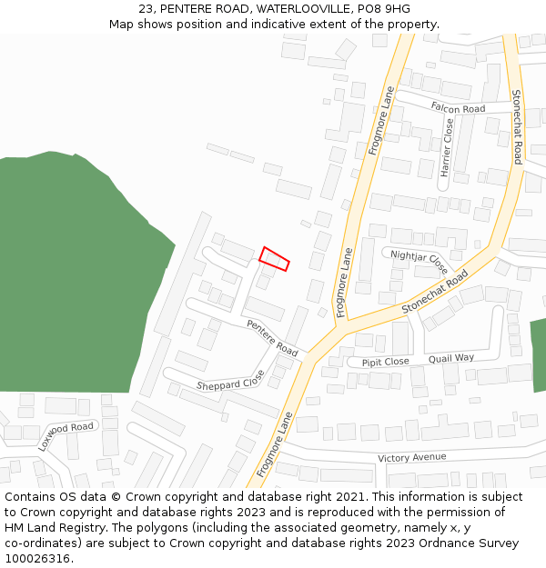 23, PENTERE ROAD, WATERLOOVILLE, PO8 9HG: Location map and indicative extent of plot