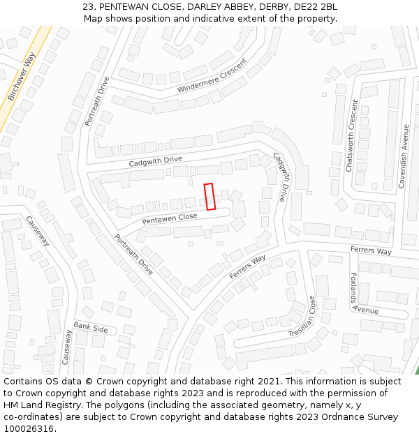 23, PENTEWAN CLOSE, DARLEY ABBEY, DERBY, DE22 2BL: Location map and indicative extent of plot