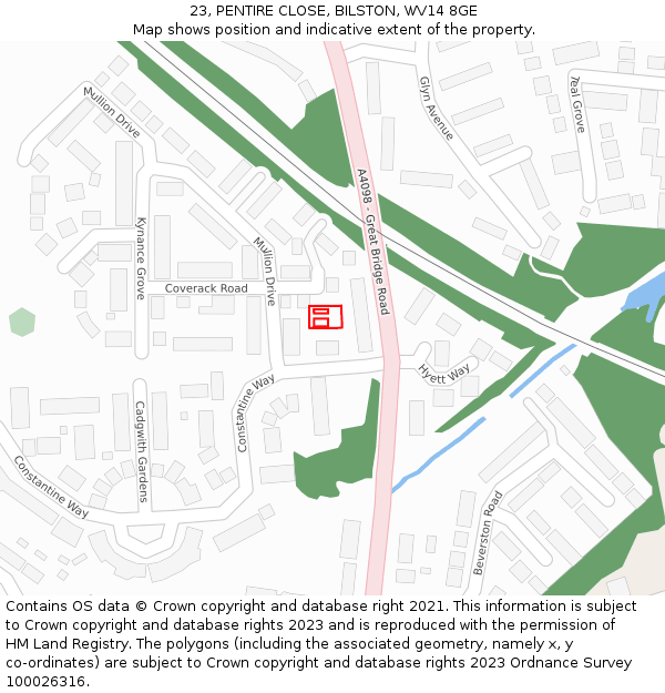 23, PENTIRE CLOSE, BILSTON, WV14 8GE: Location map and indicative extent of plot