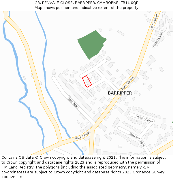 23, PENVALE CLOSE, BARRIPPER, CAMBORNE, TR14 0QP: Location map and indicative extent of plot