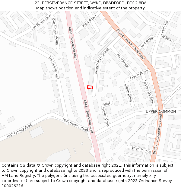 23, PERSEVERANCE STREET, WYKE, BRADFORD, BD12 8BA: Location map and indicative extent of plot