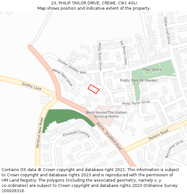 23, PHILIP TAYLOR DRIVE, CREWE, CW1 4GU: Location map and indicative extent of plot