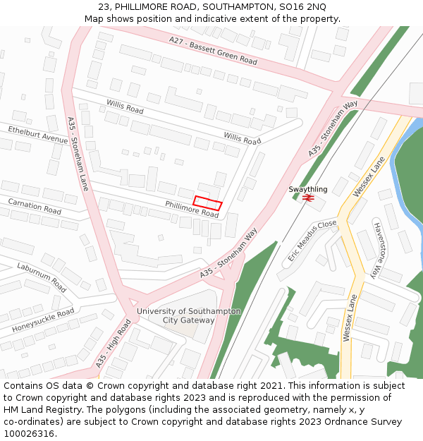 23, PHILLIMORE ROAD, SOUTHAMPTON, SO16 2NQ: Location map and indicative extent of plot