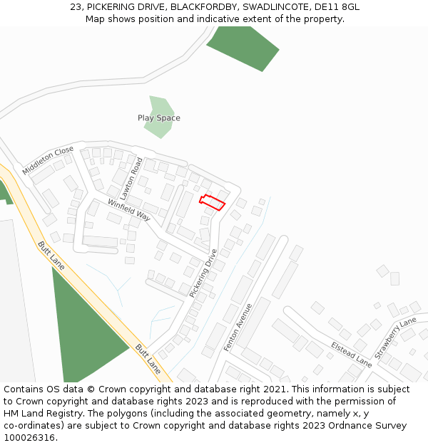 23, PICKERING DRIVE, BLACKFORDBY, SWADLINCOTE, DE11 8GL: Location map and indicative extent of plot