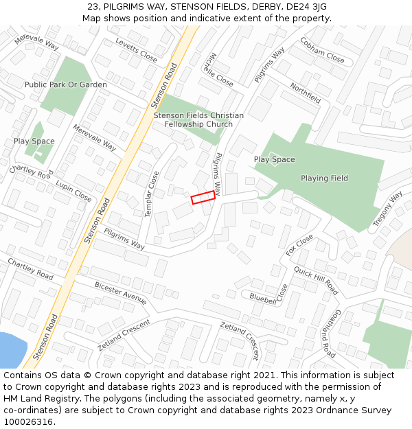 23, PILGRIMS WAY, STENSON FIELDS, DERBY, DE24 3JG: Location map and indicative extent of plot