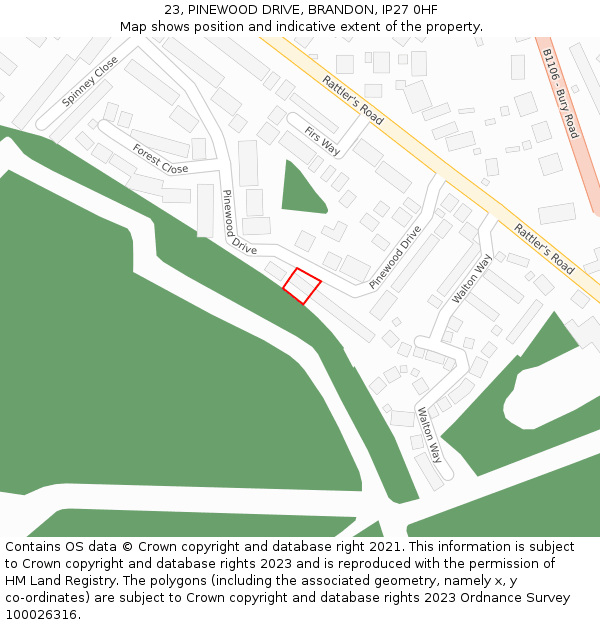 23, PINEWOOD DRIVE, BRANDON, IP27 0HF: Location map and indicative extent of plot