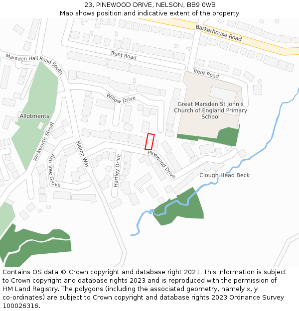 23, PINEWOOD DRIVE, NELSON, BB9 0WB: Location map and indicative extent of plot