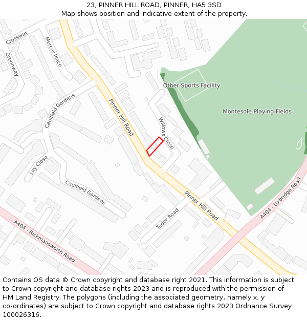 23, PINNER HILL ROAD, PINNER, HA5 3SD: Location map and indicative extent of plot
