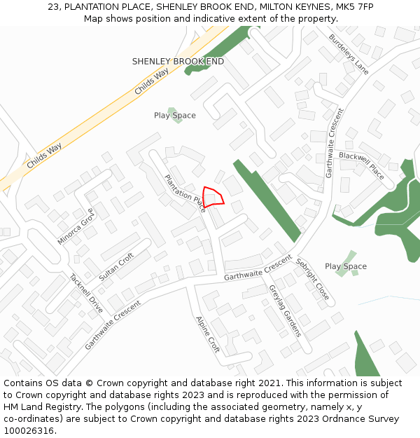 23, PLANTATION PLACE, SHENLEY BROOK END, MILTON KEYNES, MK5 7FP: Location map and indicative extent of plot