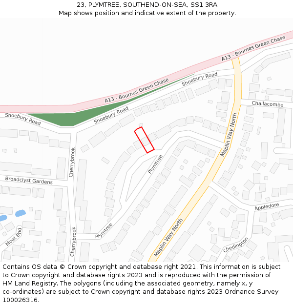 23, PLYMTREE, SOUTHEND-ON-SEA, SS1 3RA: Location map and indicative extent of plot