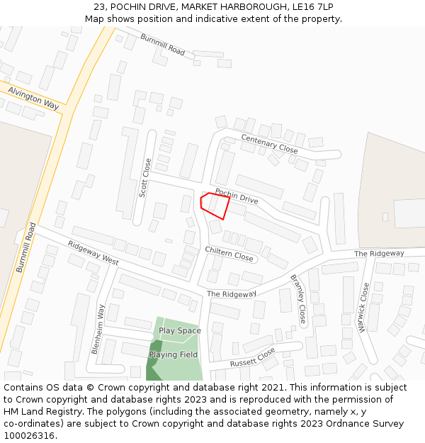 23, POCHIN DRIVE, MARKET HARBOROUGH, LE16 7LP: Location map and indicative extent of plot
