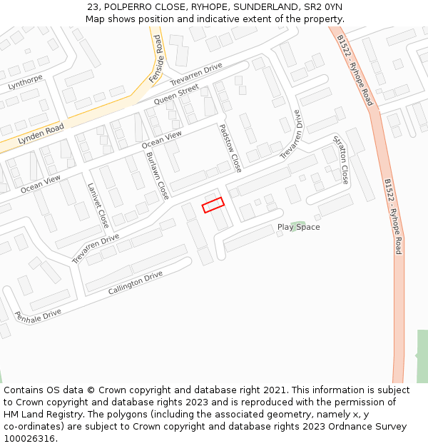 23, POLPERRO CLOSE, RYHOPE, SUNDERLAND, SR2 0YN: Location map and indicative extent of plot