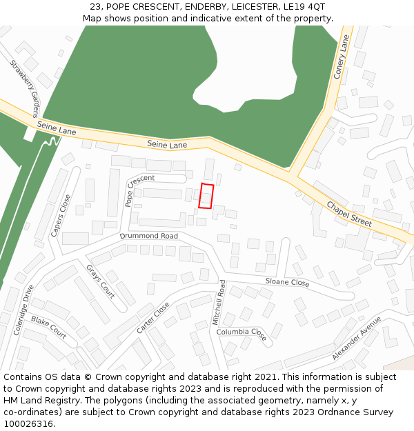 23, POPE CRESCENT, ENDERBY, LEICESTER, LE19 4QT: Location map and indicative extent of plot