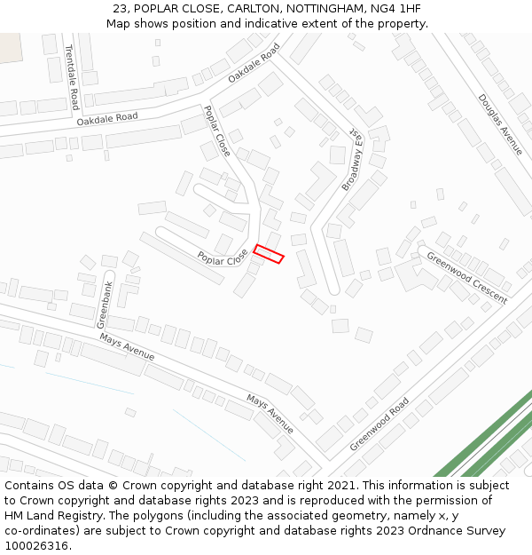 23, POPLAR CLOSE, CARLTON, NOTTINGHAM, NG4 1HF: Location map and indicative extent of plot
