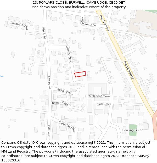 23, POPLARS CLOSE, BURWELL, CAMBRIDGE, CB25 0ET: Location map and indicative extent of plot