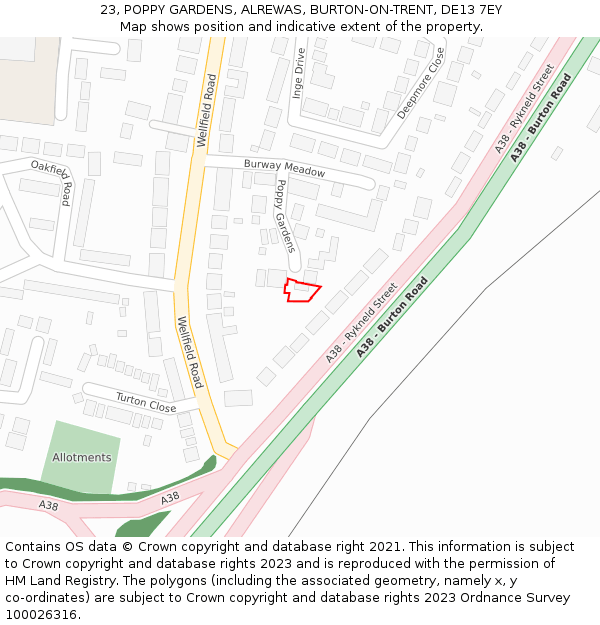 23, POPPY GARDENS, ALREWAS, BURTON-ON-TRENT, DE13 7EY: Location map and indicative extent of plot