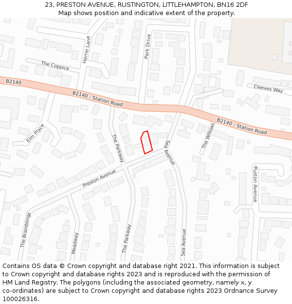 23, PRESTON AVENUE, RUSTINGTON, LITTLEHAMPTON, BN16 2DF: Location map and indicative extent of plot