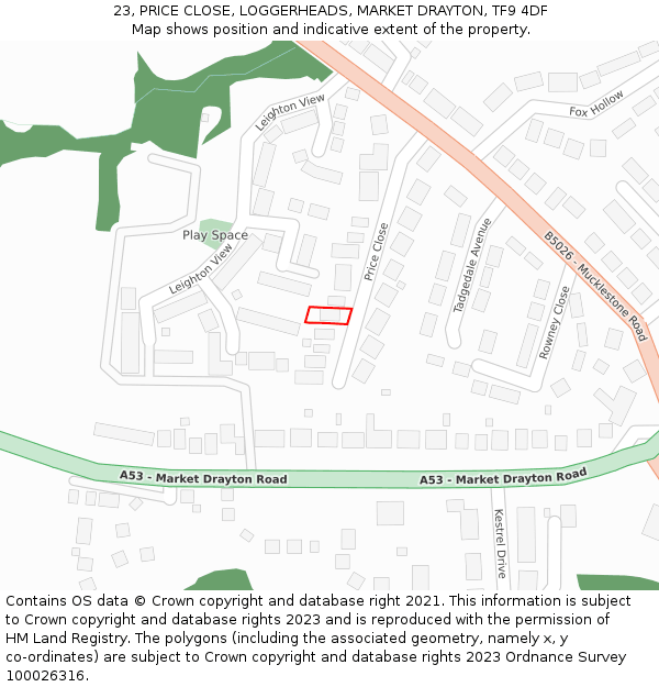 23, PRICE CLOSE, LOGGERHEADS, MARKET DRAYTON, TF9 4DF: Location map and indicative extent of plot