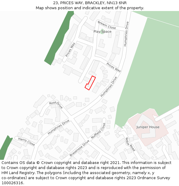 23, PRICES WAY, BRACKLEY, NN13 6NR: Location map and indicative extent of plot