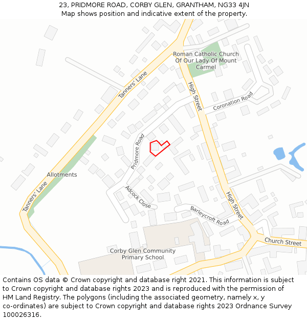 23, PRIDMORE ROAD, CORBY GLEN, GRANTHAM, NG33 4JN: Location map and indicative extent of plot
