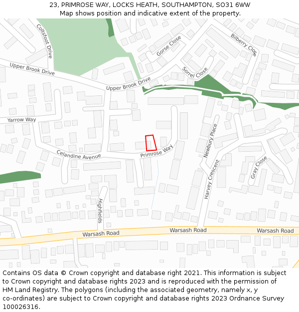 23, PRIMROSE WAY, LOCKS HEATH, SOUTHAMPTON, SO31 6WW: Location map and indicative extent of plot