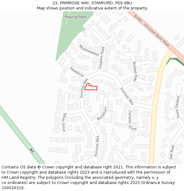 23, PRIMROSE WAY, STAMFORD, PE9 4BU: Location map and indicative extent of plot