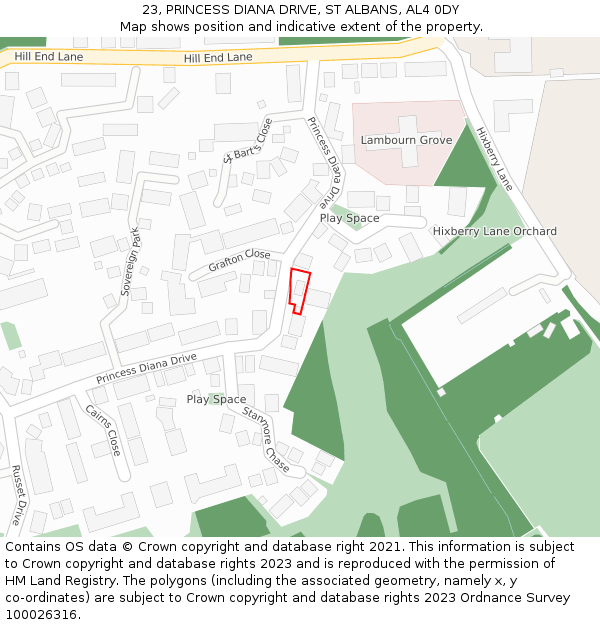 23, PRINCESS DIANA DRIVE, ST ALBANS, AL4 0DY: Location map and indicative extent of plot