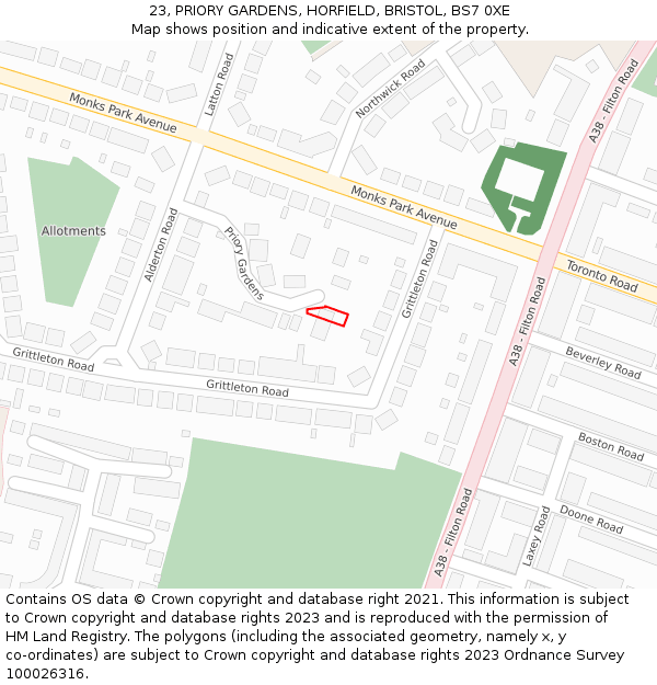 23, PRIORY GARDENS, HORFIELD, BRISTOL, BS7 0XE: Location map and indicative extent of plot