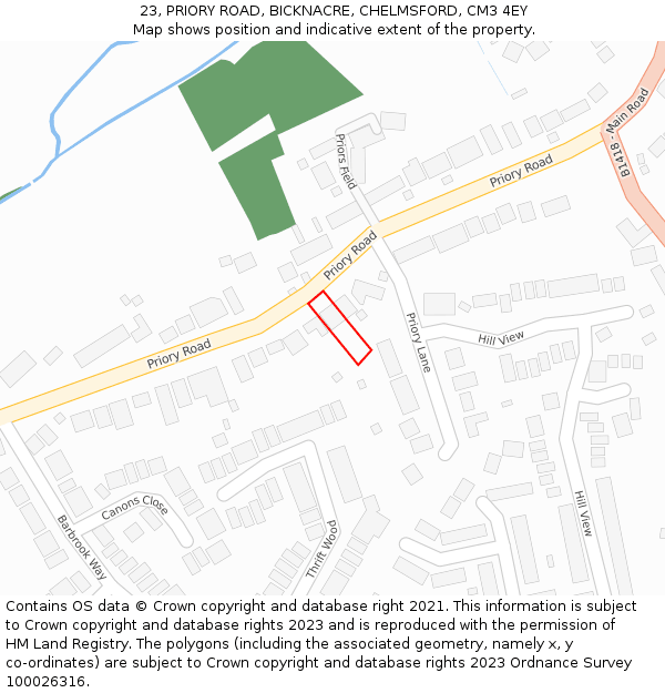 23, PRIORY ROAD, BICKNACRE, CHELMSFORD, CM3 4EY: Location map and indicative extent of plot