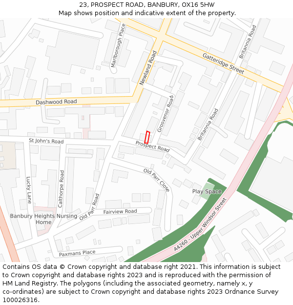 23, PROSPECT ROAD, BANBURY, OX16 5HW: Location map and indicative extent of plot