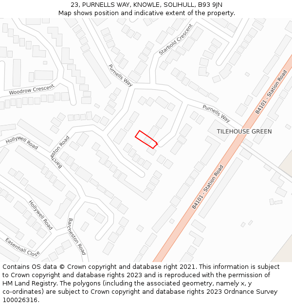 23, PURNELLS WAY, KNOWLE, SOLIHULL, B93 9JN: Location map and indicative extent of plot