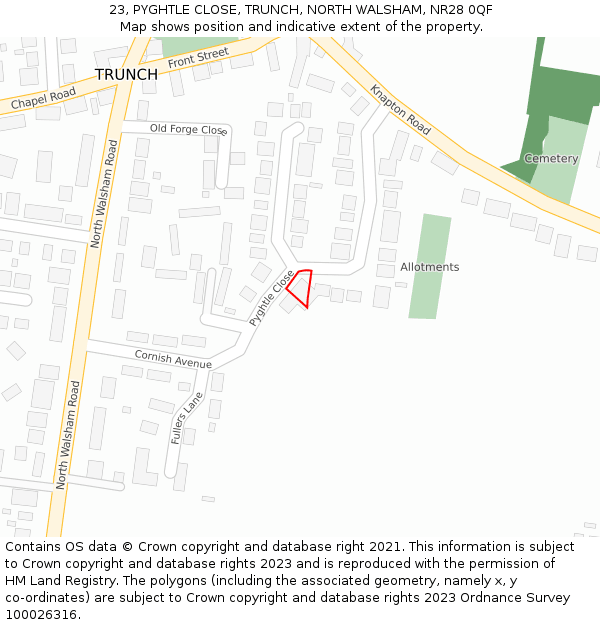 23, PYGHTLE CLOSE, TRUNCH, NORTH WALSHAM, NR28 0QF: Location map and indicative extent of plot