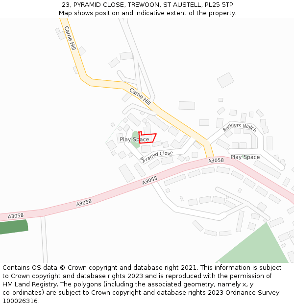 23, PYRAMID CLOSE, TREWOON, ST AUSTELL, PL25 5TP: Location map and indicative extent of plot