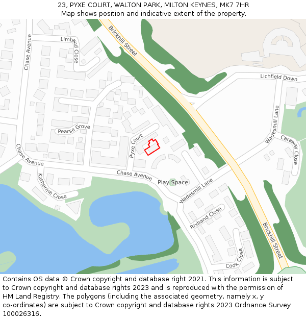 23, PYXE COURT, WALTON PARK, MILTON KEYNES, MK7 7HR: Location map and indicative extent of plot