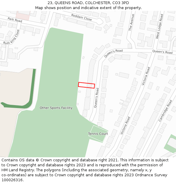 23, QUEENS ROAD, COLCHESTER, CO3 3PD: Location map and indicative extent of plot