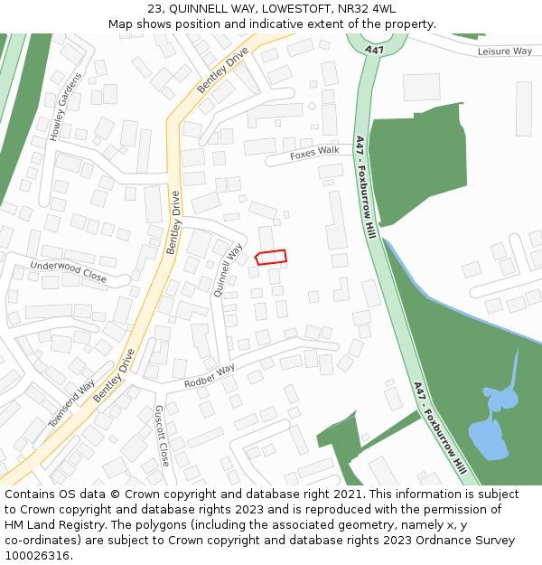 23, QUINNELL WAY, LOWESTOFT, NR32 4WL: Location map and indicative extent of plot