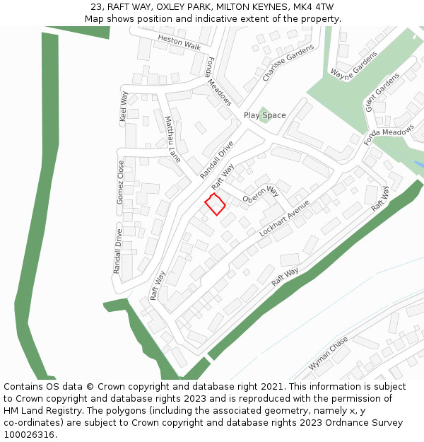 23, RAFT WAY, OXLEY PARK, MILTON KEYNES, MK4 4TW: Location map and indicative extent of plot