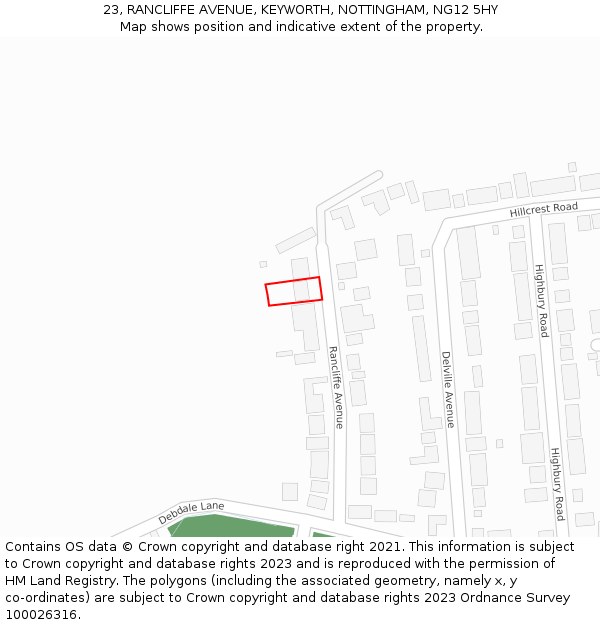 23, RANCLIFFE AVENUE, KEYWORTH, NOTTINGHAM, NG12 5HY: Location map and indicative extent of plot