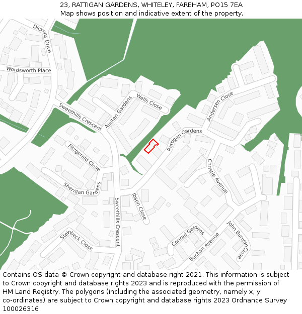 23, RATTIGAN GARDENS, WHITELEY, FAREHAM, PO15 7EA: Location map and indicative extent of plot