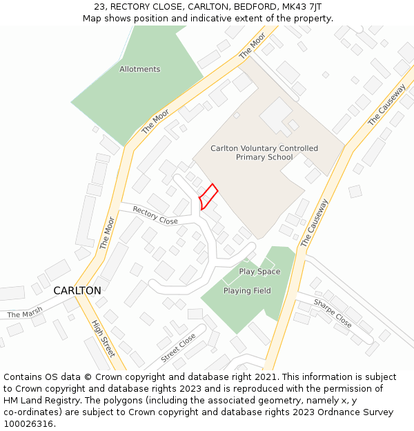 23, RECTORY CLOSE, CARLTON, BEDFORD, MK43 7JT: Location map and indicative extent of plot