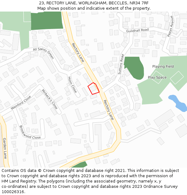 23, RECTORY LANE, WORLINGHAM, BECCLES, NR34 7RF: Location map and indicative extent of plot
