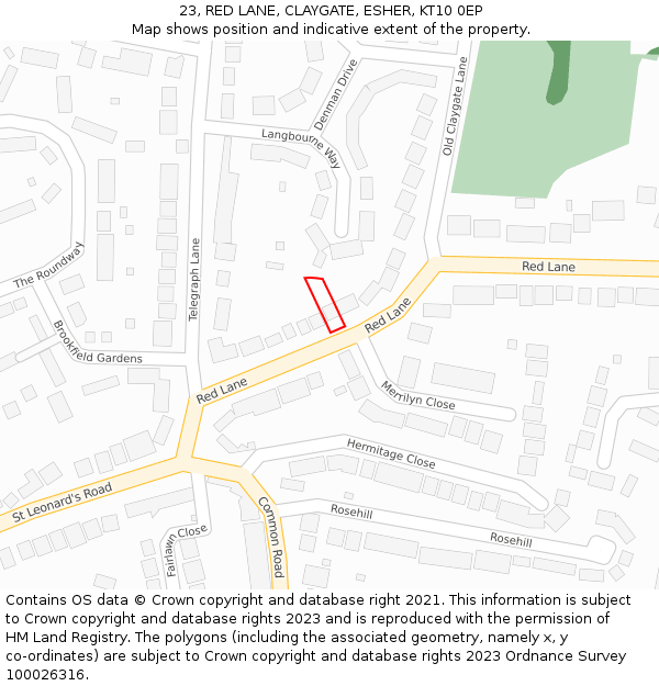 23, RED LANE, CLAYGATE, ESHER, KT10 0EP: Location map and indicative extent of plot