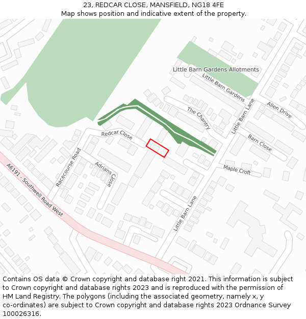 23, REDCAR CLOSE, MANSFIELD, NG18 4FE: Location map and indicative extent of plot
