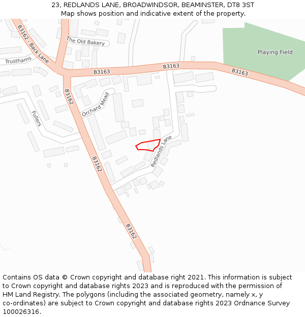 23, REDLANDS LANE, BROADWINDSOR, BEAMINSTER, DT8 3ST: Location map and indicative extent of plot